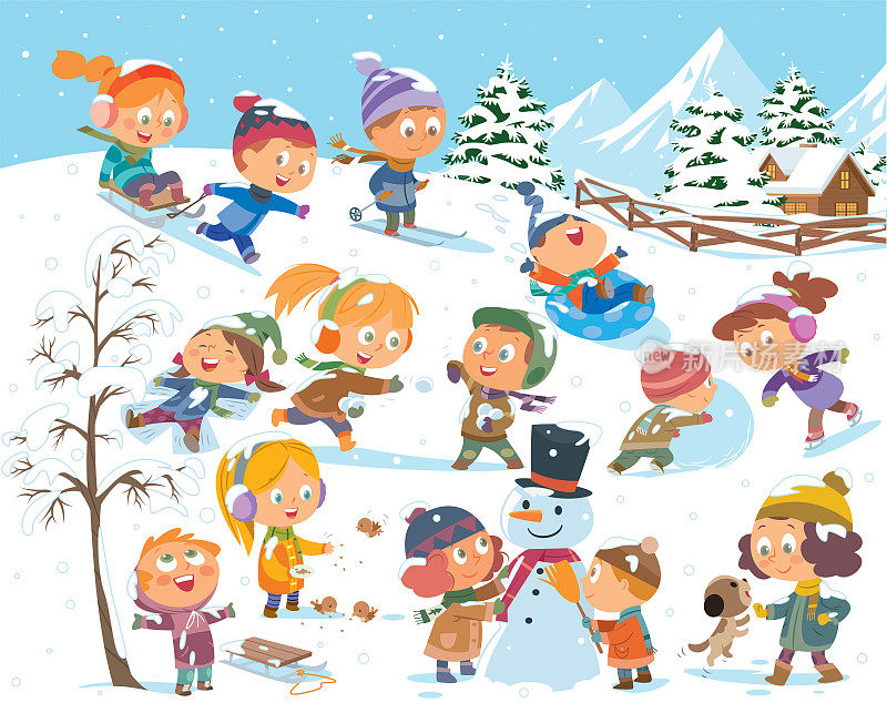 Winter kids activities. Snow games, smiling little girls and boys in winters clothes fun outdoors